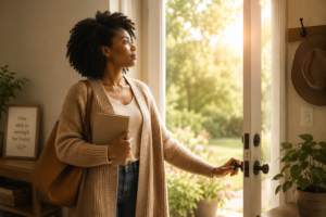 Black woman standing near an open doorway holding a journal and bag while looking toward soft morning light, symbolizing courage, healing, transition, and taking gentle steps forward despite uncertainty.