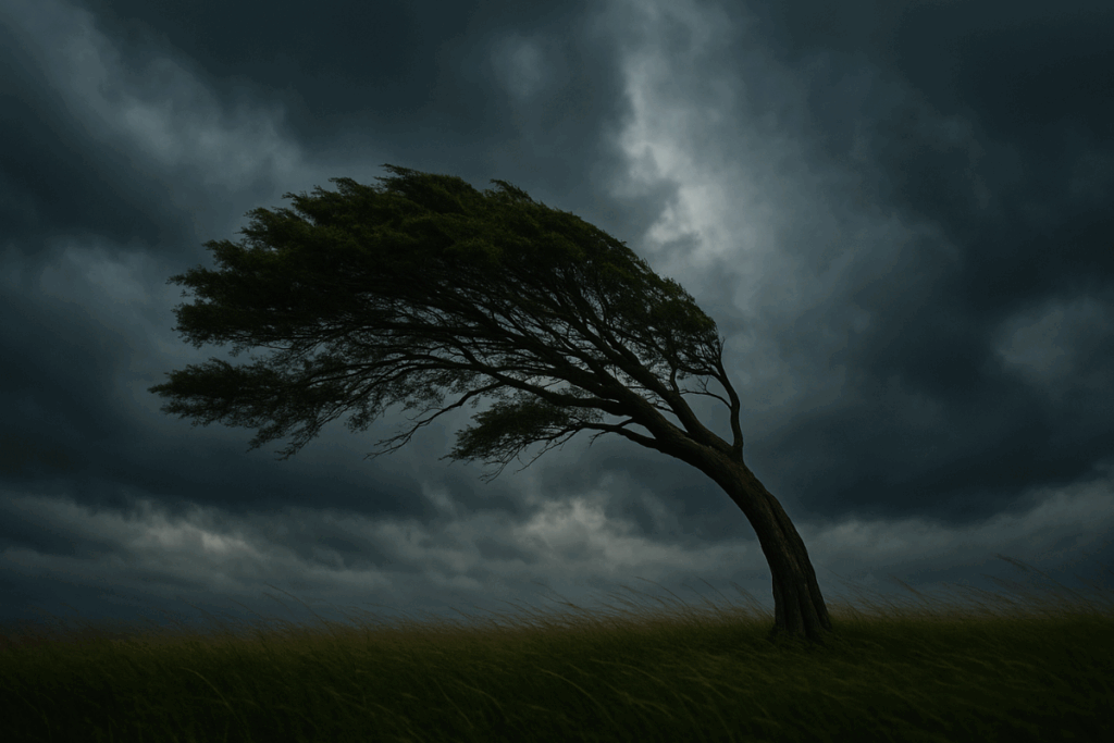 Tree with deep roots bending but unbroken in strong winds.