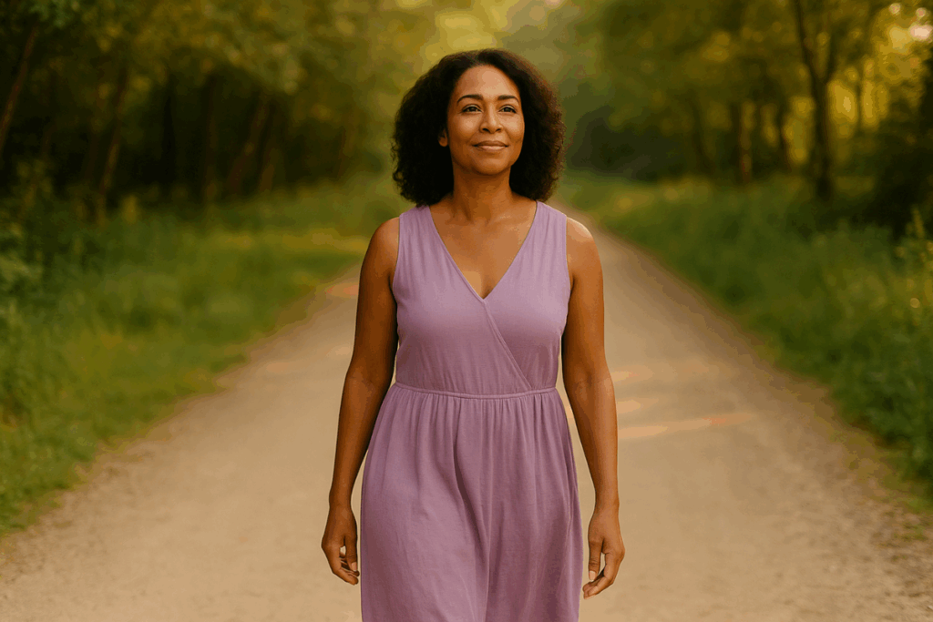 A beautiful, confident African American woman in a flowing lavender dress stands in a peaceful natural setting, softly gazing forward. The image conveys elegance, maturity, healing, and feminine grace.