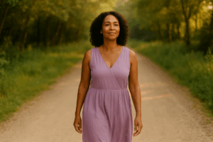 A beautiful, confident African American woman in a flowing lavender dress stands in a peaceful natural setting, softly gazing forward. The image conveys elegance, maturity, healing, and feminine grace.