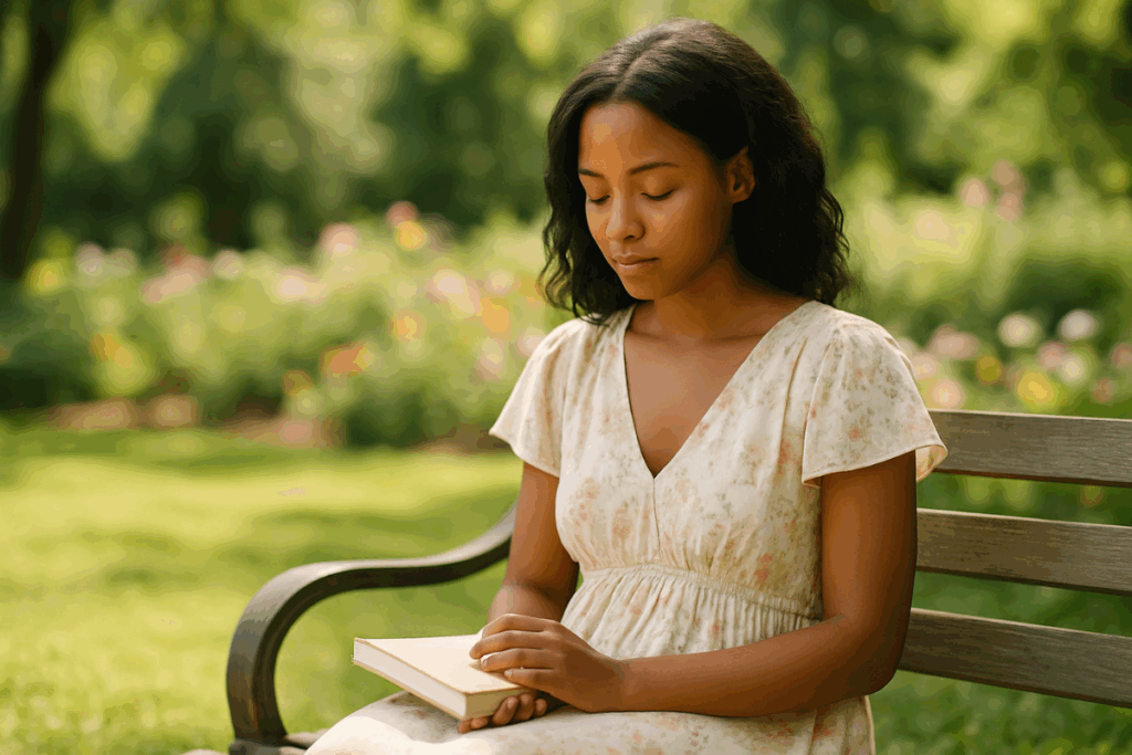 Woman in a soft floral summer dress sitting quietly in a sunlit garden, holding a journal and gazing downward in reflection — conveying inner strength, softness, peace, and spiritual resilience.