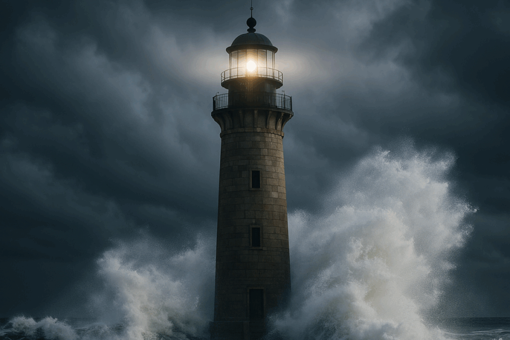 Lighthouse standing strong in the middle of a stormy sea, waves crashing around it.