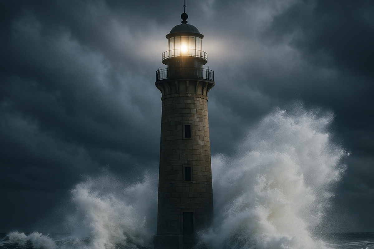 Lighthouse standing strong in the middle of a stormy sea, waves crashing around it.