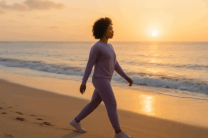 A Black woman in lavender activewear walks slowly along a peaceful beach at sunrise. Her posture is upright and calm, embodying quiet determination.