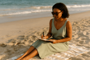 Woman in sage green dress sitting on the beach journaling, with ocean waves in the background — reflecting on life’s transitions and new beginnings