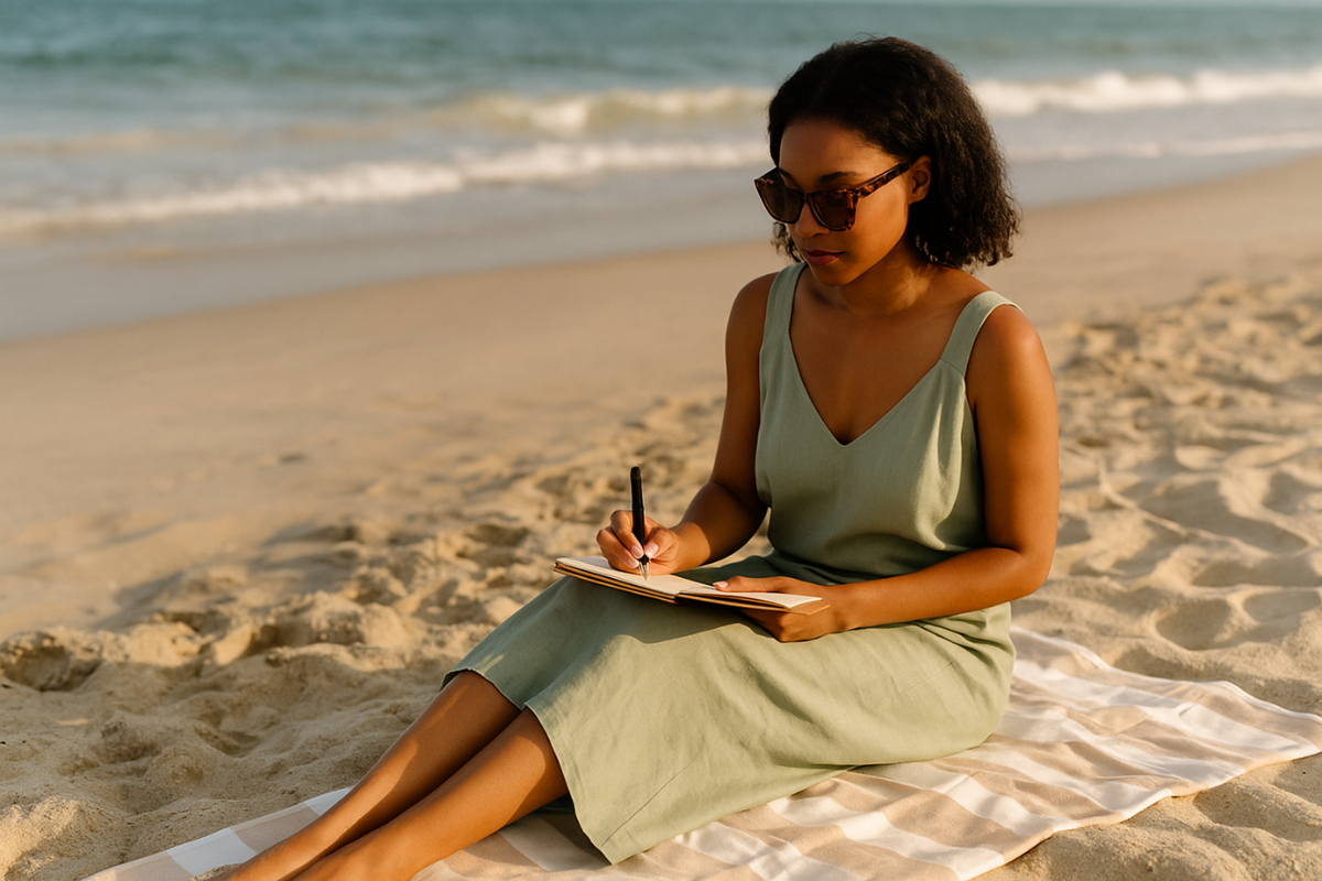 Woman in sage green dress sitting on the beach journaling, with ocean waves in the background — reflecting on life’s transitions and new beginnings