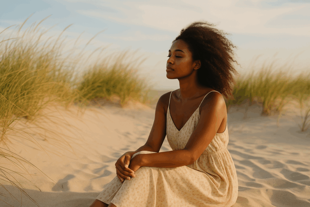 Woman in a flowing summer dress sitting on sand dunes with sea grass blowing, eyes closed in reflection, representing inner renewal and resilience — Journey to Me blog