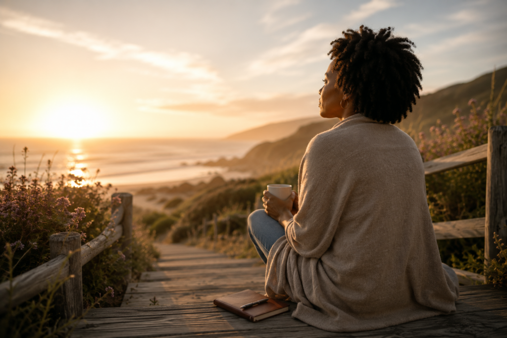 Black woman wrapped in a soft blanket sitting on a wooden boardwalk overlooking the ocean at sunrise while holding a warm mug, symbolizing reflection, transition, healing, and embracing new beginnings.