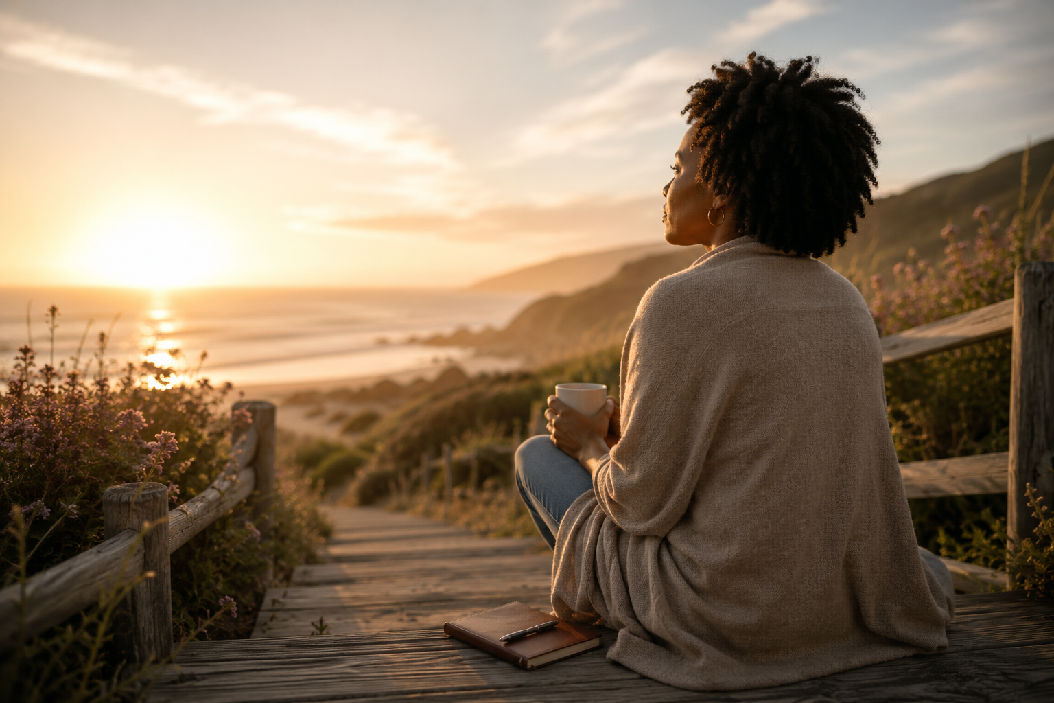 Black woman wrapped in a soft blanket sitting on a wooden boardwalk overlooking the ocean at sunrise while holding a warm mug, symbolizing reflection, transition, healing, and embracing new beginnings.