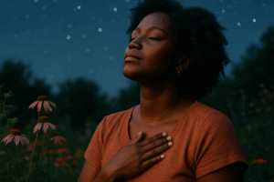 Woman sitting in a flower garden at dusk with her hand over her heart, eyes closed in prayer beneath a starry sky.