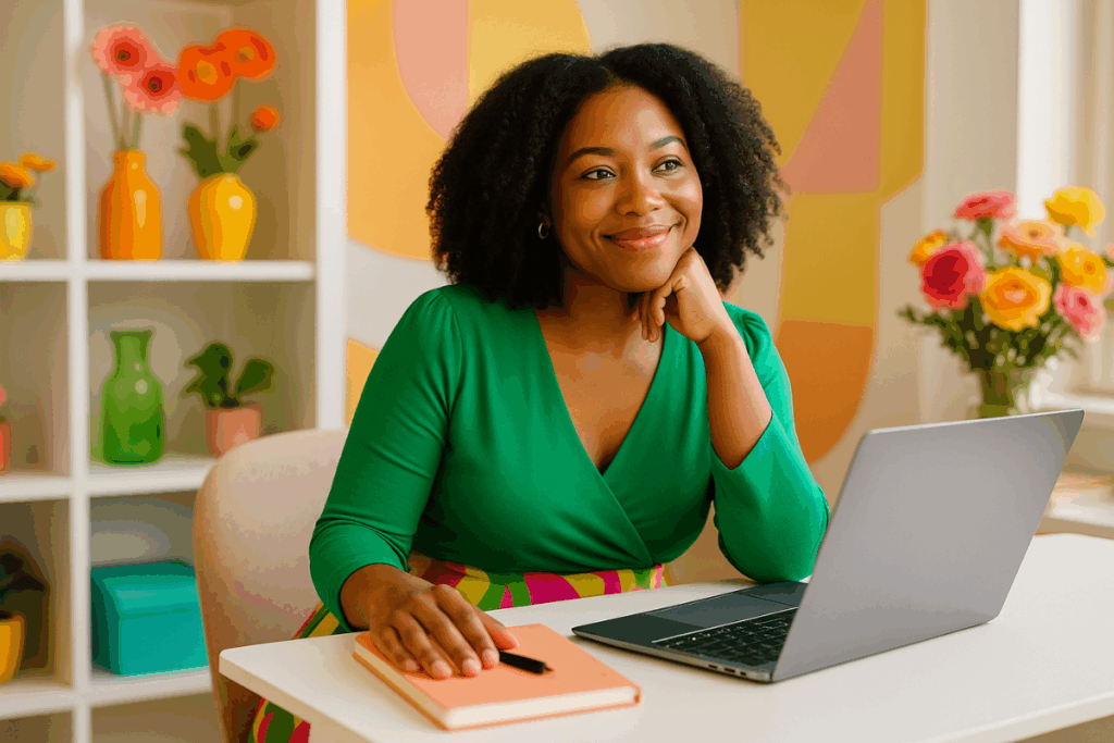 Confident woman in vibrant clothing, seated at a desk with laptop and journal — Telehealth therapy for women in North Carolina. Bright, feminine, empowered space.
