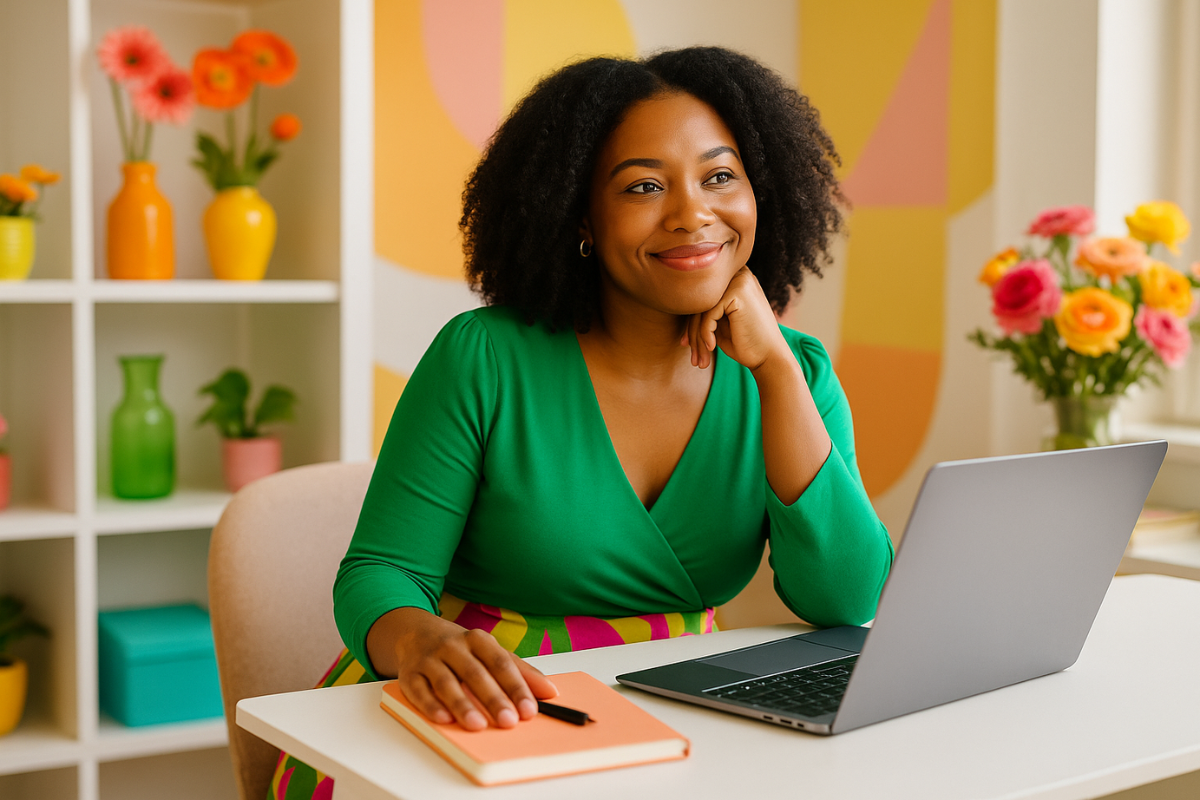 Confident woman in vibrant clothing, seated at a desk with laptop and journal — Telehealth therapy for women in North Carolina. Bright, feminine, empowered space.