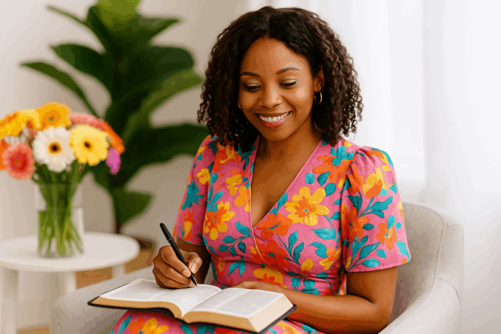 Woman in vibrant clothing, reading Bible and journaling in a bright, elegant space — Christian therapy, healing, and faith.