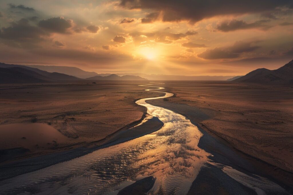 Golden river winding through barren desert at sunset, symbolizing renewal through letting go