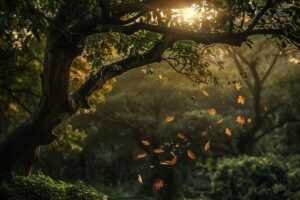 Golden autumn leaves falling from a tree branch, symbolizing letting go and trusting God’s timing.
