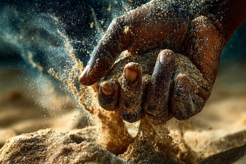 Hand gripping sand as it slips away, symbolizing the illusion of control and the high cost of holding on too tightly