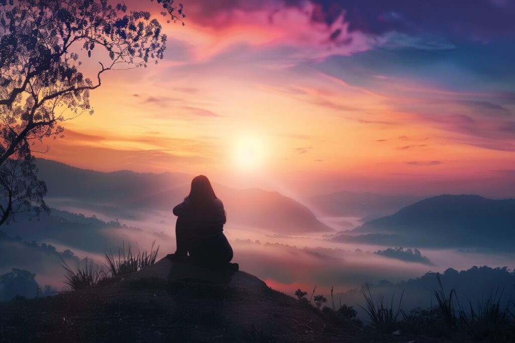 Silhouette of a woman sitting peacefully on a mountaintop at sunrise, symbolizing trust, rest, and God’s embrace.