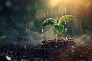 A young green sprout in soil being watered by raindrops, symbolizing tears bringing growth and new life in God’s hands.