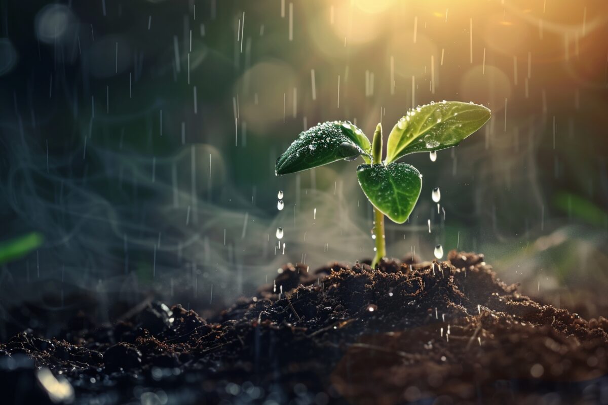 Tears That Water New Ground – Devotional Image A young green sprout in soil being watered by raindrops, symbolizing tears bringing growth and new life in God’s hands.