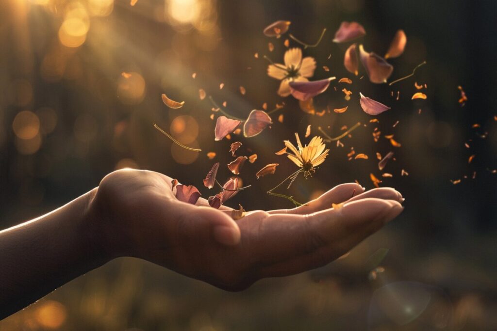 Gentle hands releasing flower petals into warm golden sunlight, symbolizing the quiet gift of release, peace, and surrender to God.