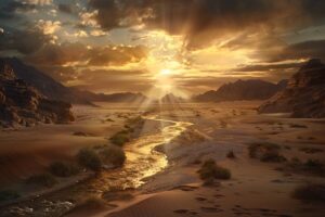 Golden sunlight over a desert landscape with a river flowing through, symbolizing Isaiah 43:19 — God making a way in the wilderness and streams in the wasteland.