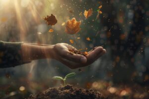 A pair of open hands releasing autumn leaves into the wind with a small green sprout growing in the soil below, symbolizing letting go and new beginnings.