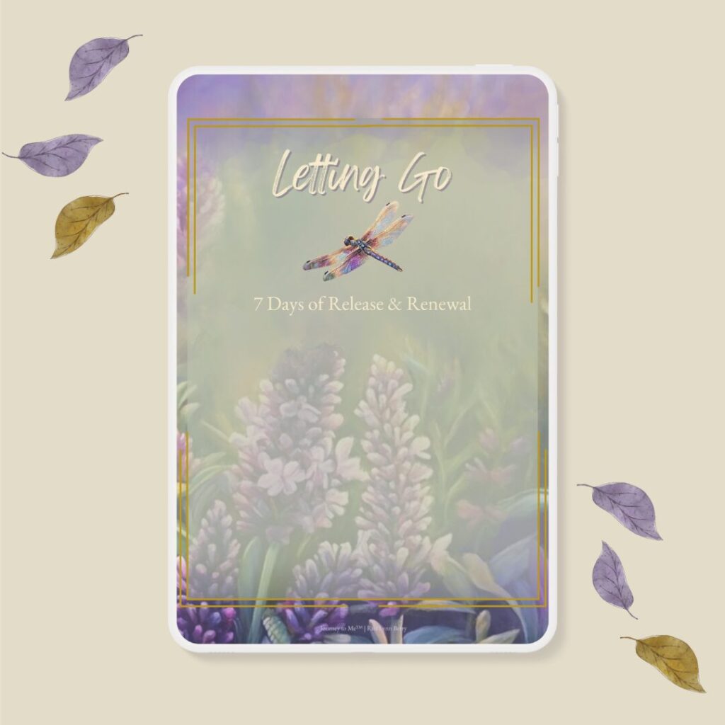 Tablet displaying Letting Go 7-Day Devotional with dragonfly cover and lavender flowers, surrounded by falling leaves.