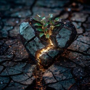 A cracked stone heart with new green plants growing through it, symbolizing healing, renewal, and hope after grief.