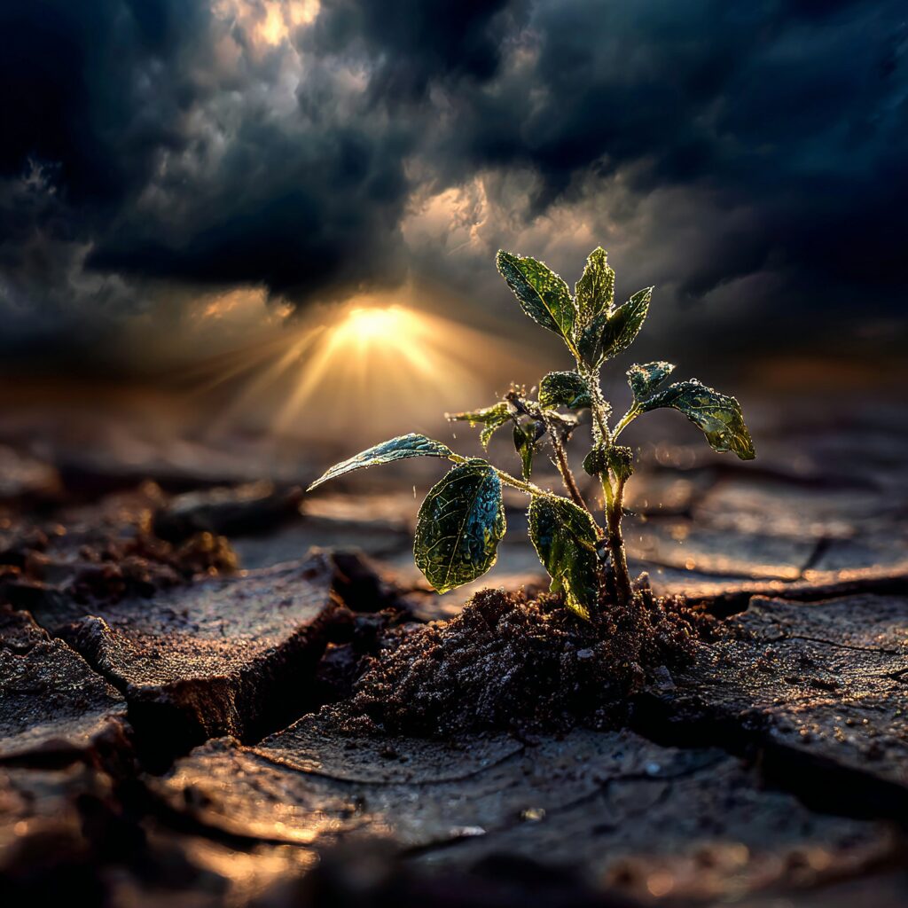 A green sprout growing from cracked, dry soil with sunlight breaking through dark clouds, symbolizing hope and renewal after loss.