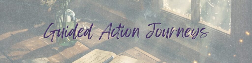Guided Action Journeys digital download banner with soft window-light background and journal on wooden desk.