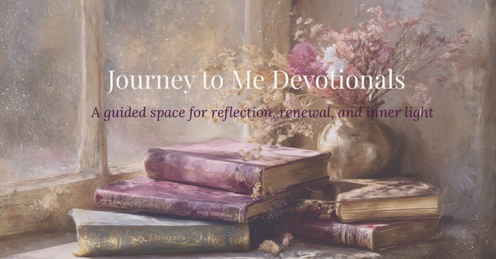 A softly lit window scene with vintage devotional books, dried flowers, and warm golden light, reflecting the serene, reflective atmosphere of the Journey to Me Devotionals.