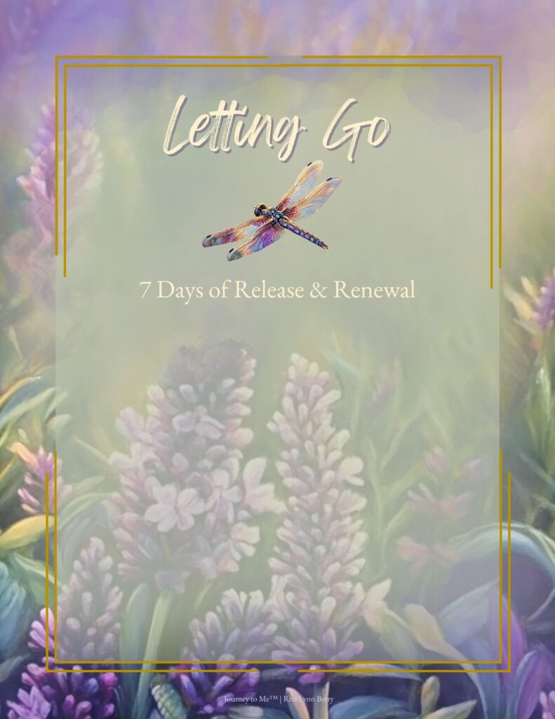 Soft lavender and gold devotional cover for Letting Go: 7 Days of Release & Renewal featuring a dragonfly over blooming lavender flowers with a peaceful watercolor background.