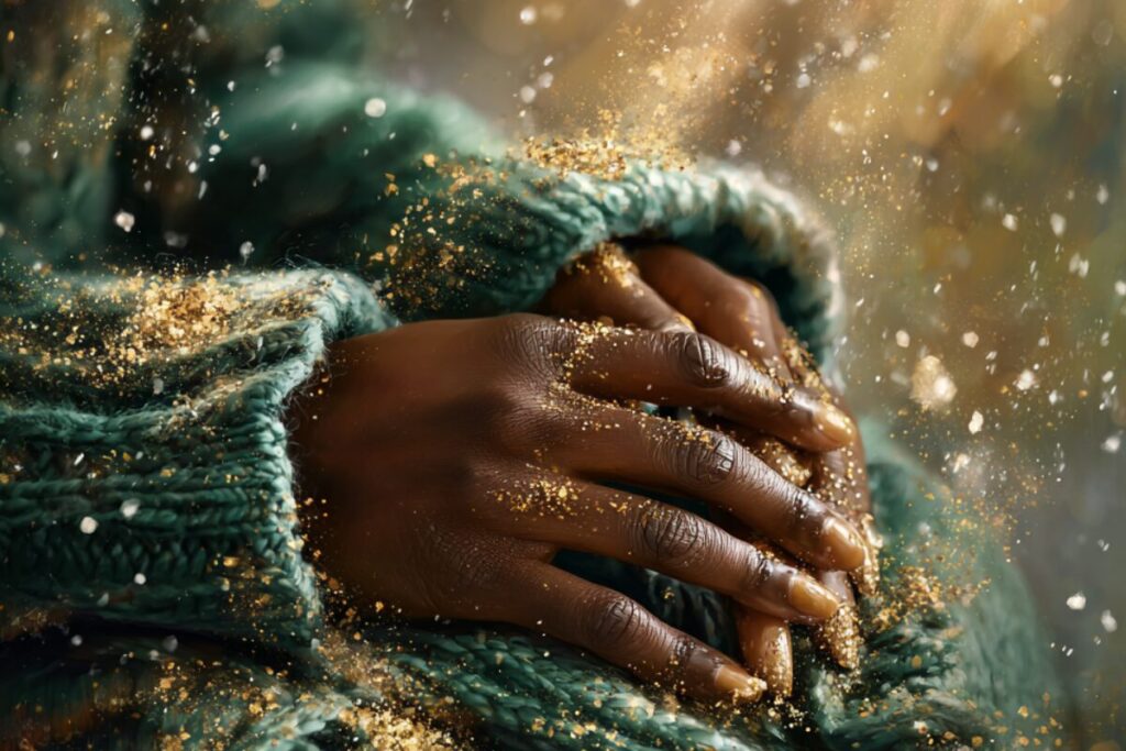 Close-up of hands resting on a sage-green sweater with golden light and shimmering flecks, symbolizing warmth, gentleness, and self-compassion in winter.