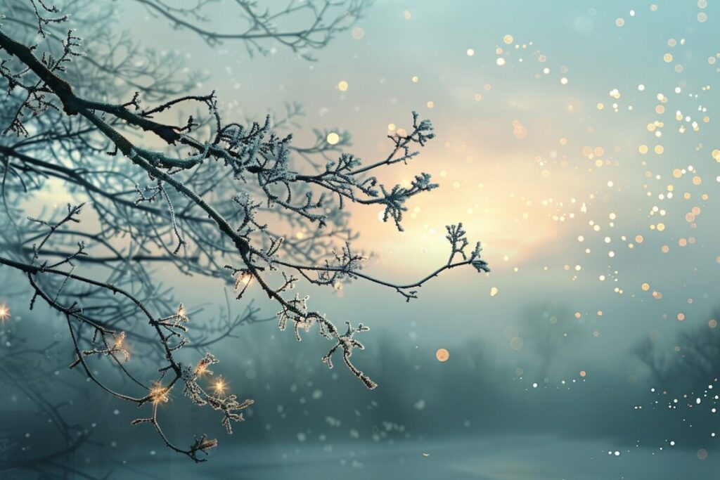 Soft winter scene with dawn-like golden light emerging through frosted branches, symbolizing quiet hope and gentle renewal.