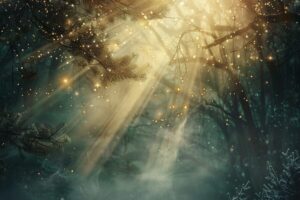 Soft golden light glowing through winter mist, symbolizing blessing, peace, and divine nearness.