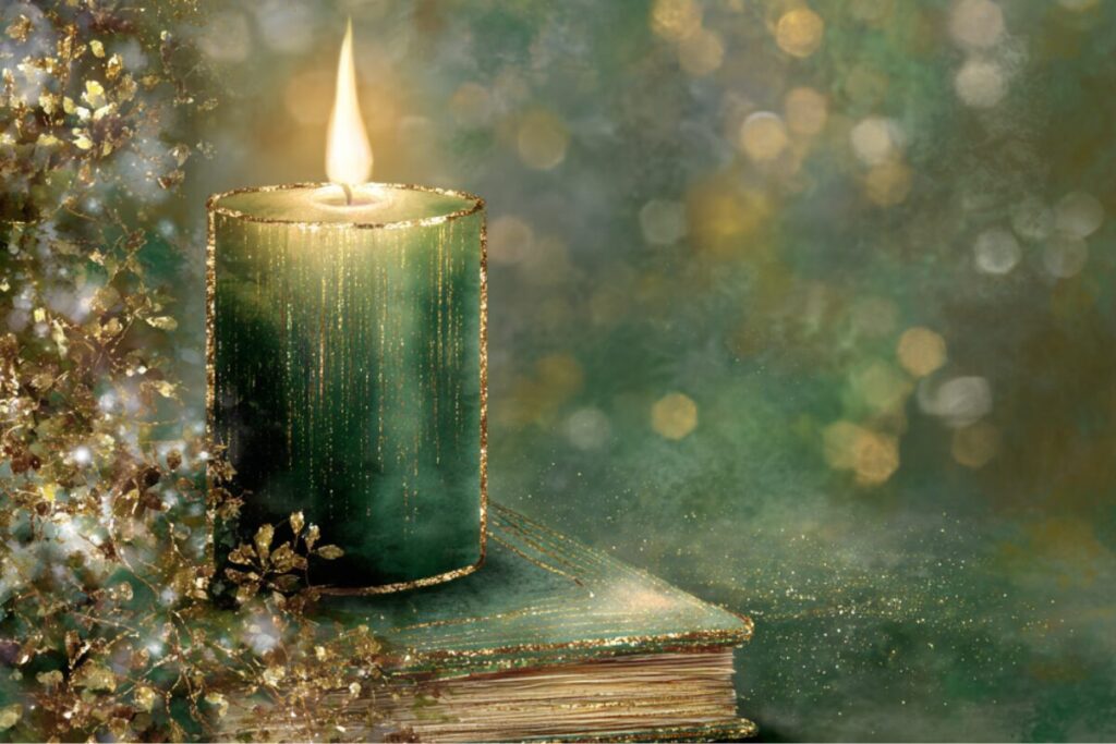 Gold-outline candle glowing against a soft sage winter background, representing Day 1 of the Light in Winter devotional.