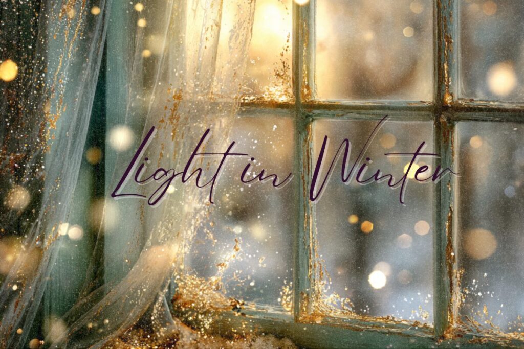 Frosted winter window with warm golden light shining through soft sage-green curtains and shimmering snow, symbolizing hope and comfort during the winter season.