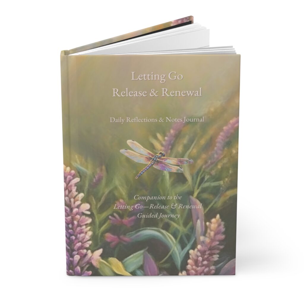 Hardback Letting Go: Release & Renewal journal featuring a dragonfly over soft wildflower artwork, designed as a companion to the Letting Go guided journey.