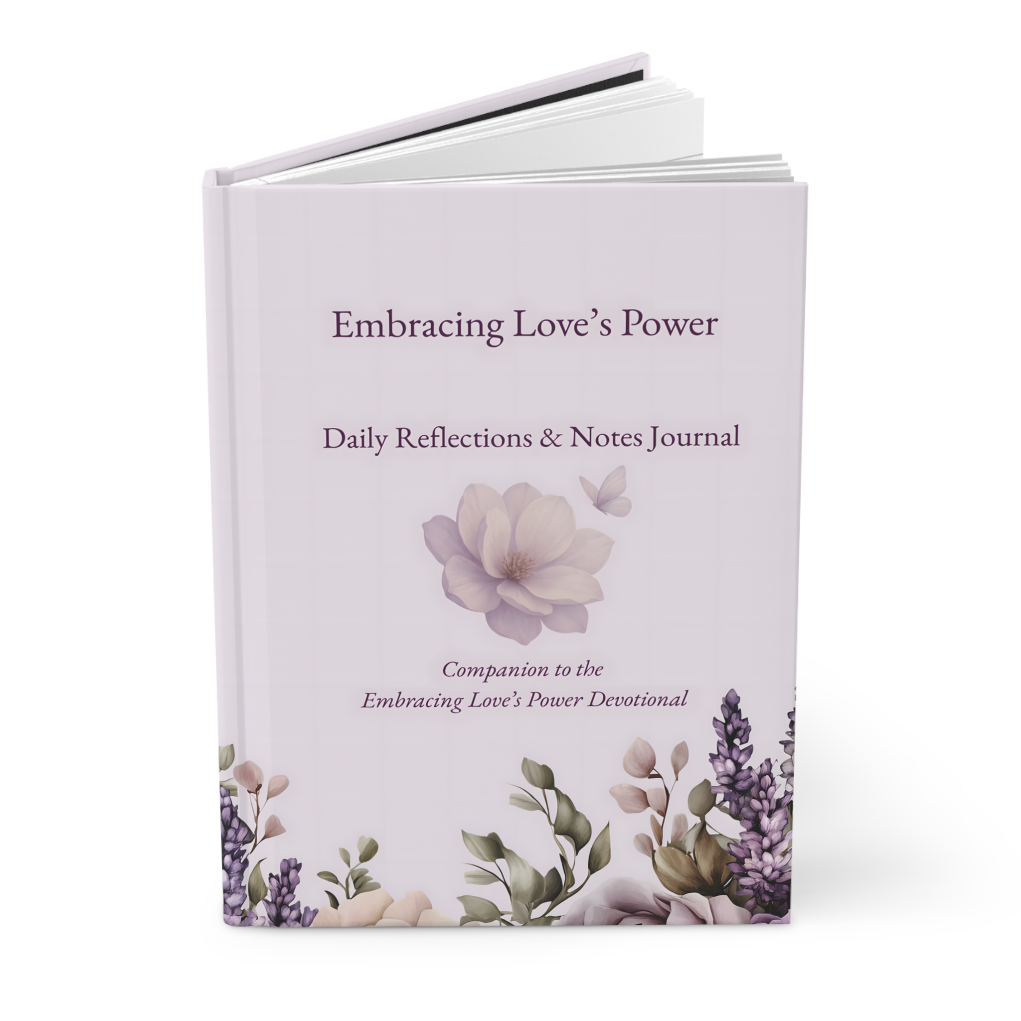 Hardback Embracing Love’s Power journal with soft lavender floral artwork and a magnolia illustration, companion to the Embracing Love’s Power devotional.
