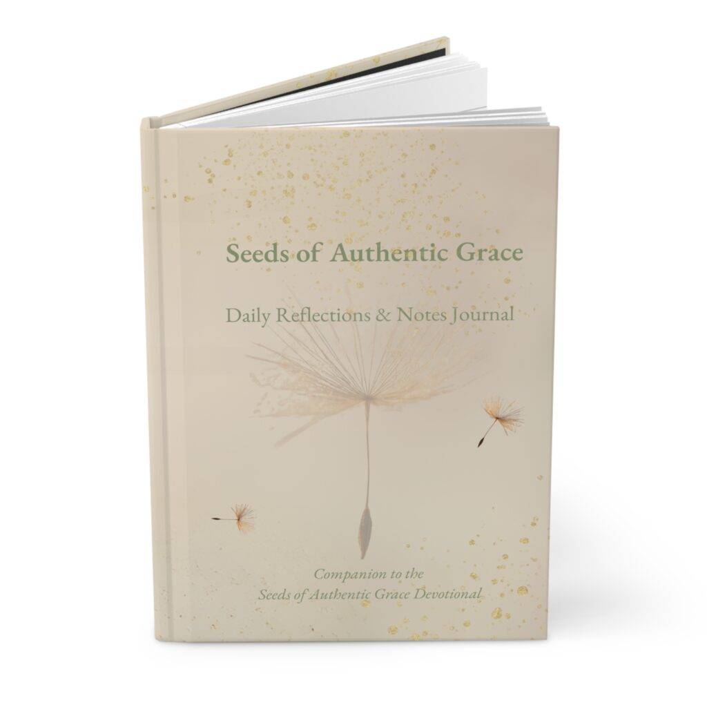 Hardback Seeds of Authentic Grace journal featuring a dandelion seed illustration on a soft cream background, companion to the Seeds of Authentic Grace devotional.