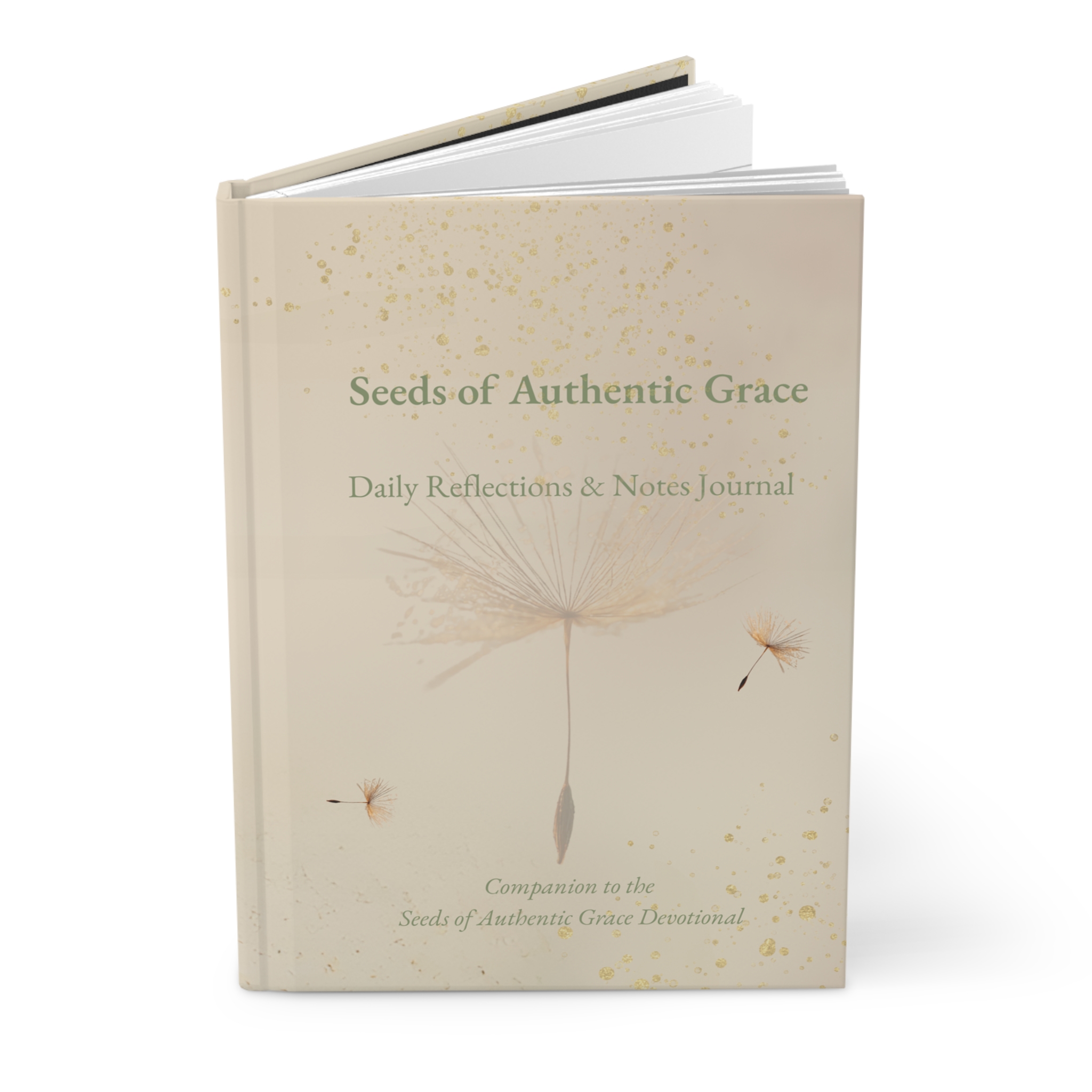 Hardback Seeds of Authentic Grace journal featuring a dandelion seed illustration on a soft cream background, companion to the Seeds of Authentic Grace devotional.