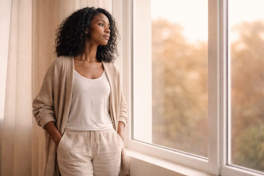 Person standing quietly near a window in soft natural light, symbolizing grounding and beginning again without a plan