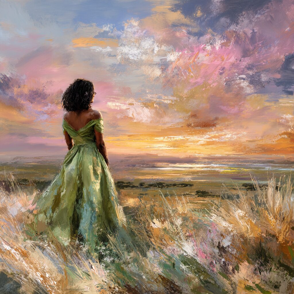 A stylized painting of a woman in a sage-green dress standing on a hilltop, gazing toward a glowing horizon beneath a vibrant, colorful sky—symbolizing vision, possibility, and creating new opportunities.