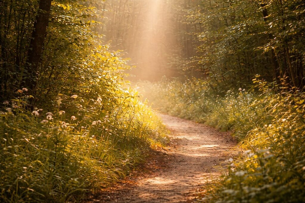 A sunlit forest path winding gently through trees, with warm light filtering through the leaves, symbolizing gratitude, perspective, and quiet awareness along the journey.