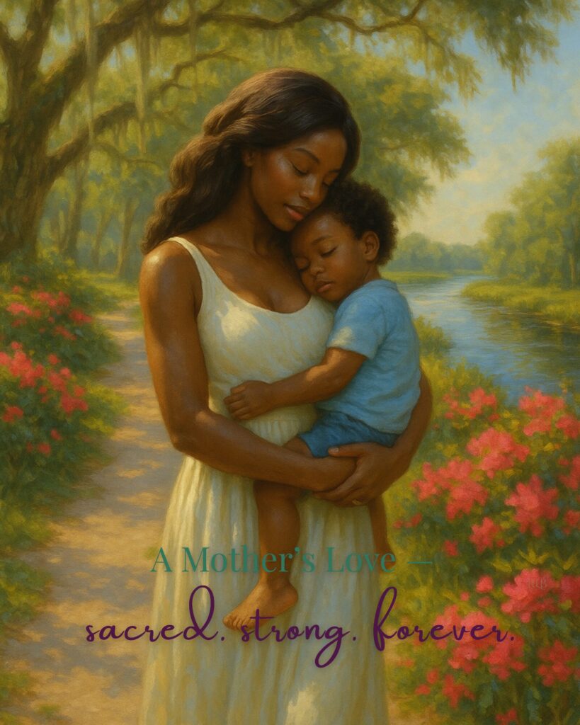 Painting of a Black mother holding her sleeping child beside a peaceful riverside path lined with azaleas, symbolizing tenderness, protection, and unconditional love.