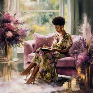 A woman journaling in a peaceful, light-filled room, surrounded by flowers and soft colors, symbolizing self-love, reflection, and emotional nourishment.