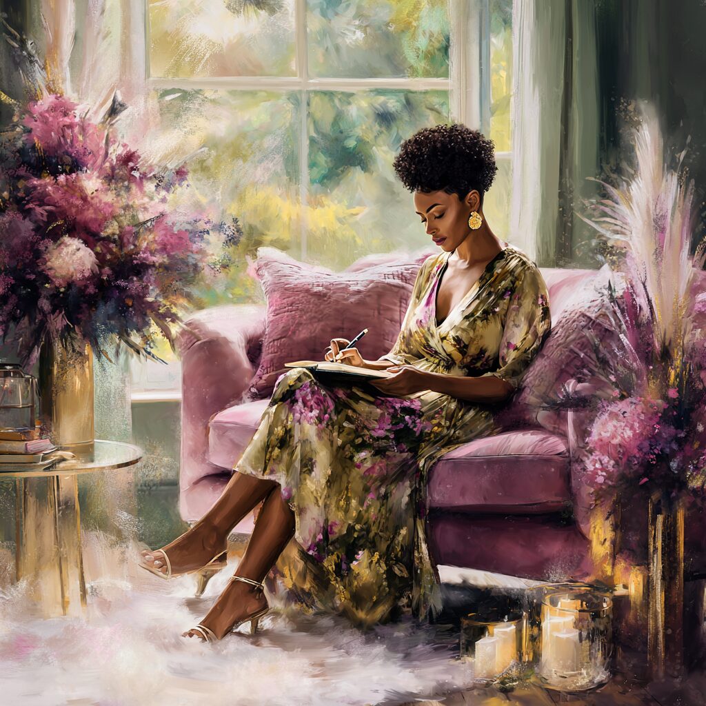 A woman journaling in a peaceful, light-filled room, surrounded by flowers and soft colors, symbolizing self-love, reflection, and emotional nourishment.