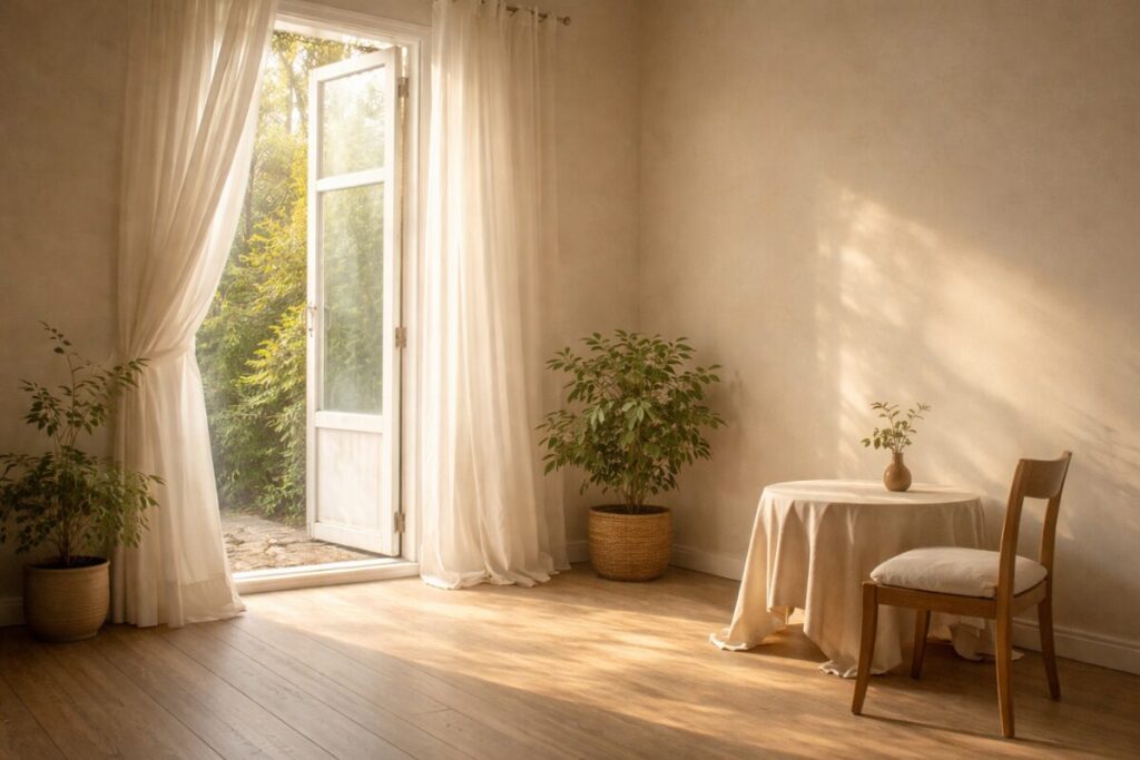 A quiet, sunlit room with an open door and sheer curtains, soft light filling the space and symbolizing openness, readiness, and gentle opportunity ahead.