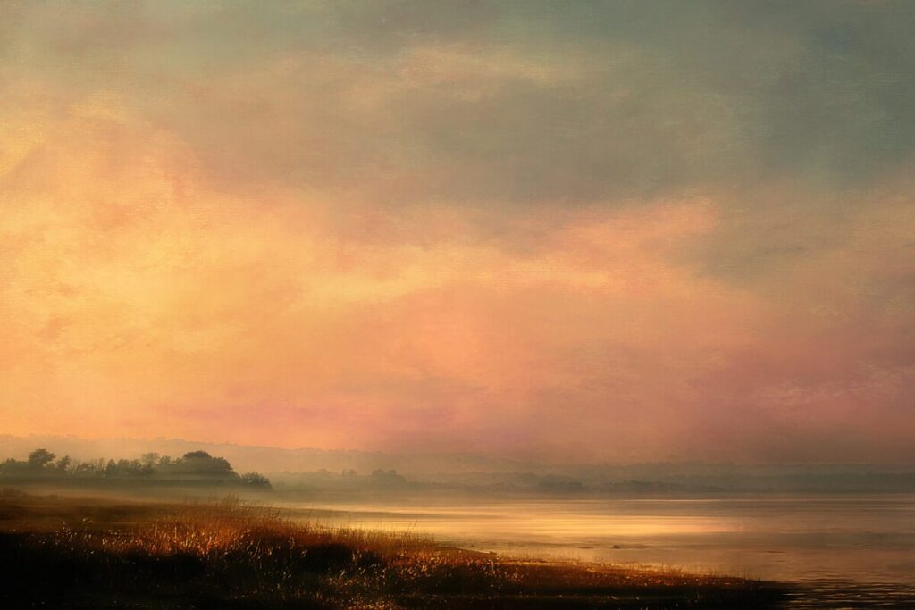 Soft morning light just after dawn, the sky gently illuminated in warm gold and pale peach tones, symbolizing renewal, steady hope, and mercies made new.