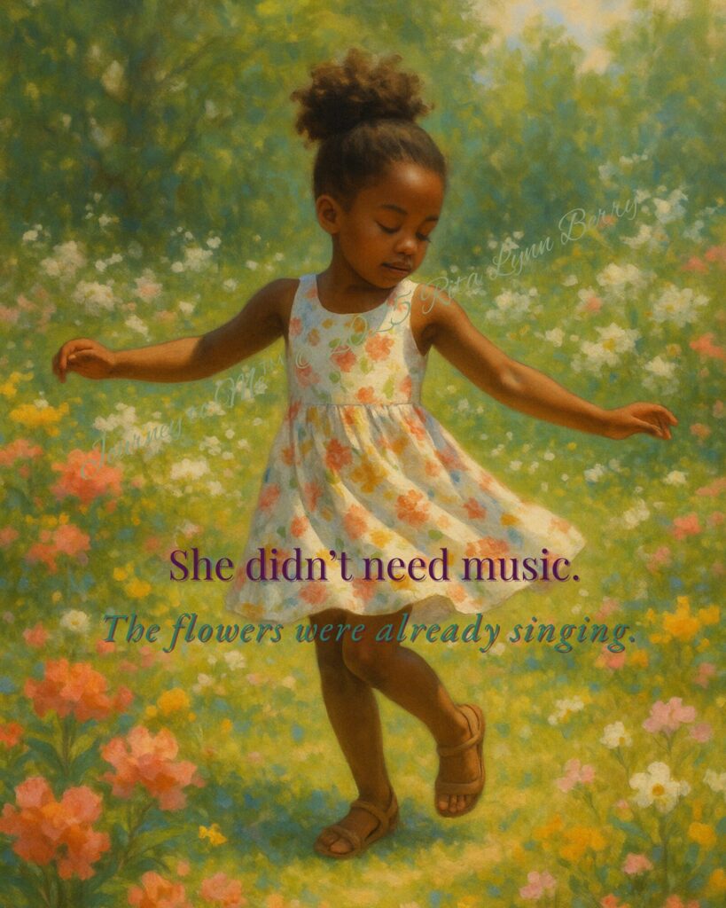 Painting of a joyful little Black girl twirling freely in a meadow of pastel flowers under warm sunlight, expressing innocence, imagination, and delight.